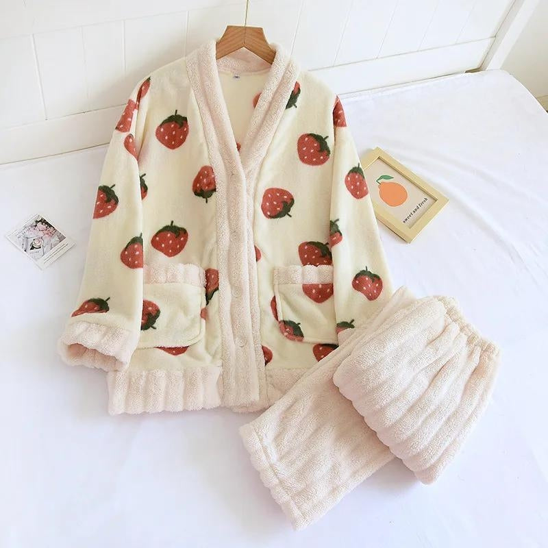 Ensemble pyjama polaire femme blanc motifs fraises