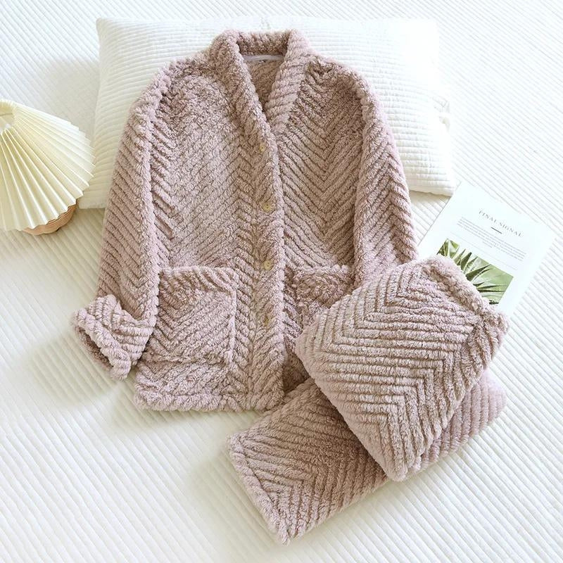 Ensemble pyjama polaire femme mauve côtelé