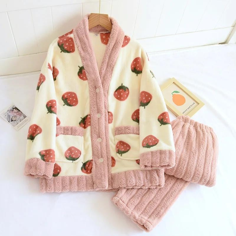 Ensemble pyjama polaire femme rose motifs fraises