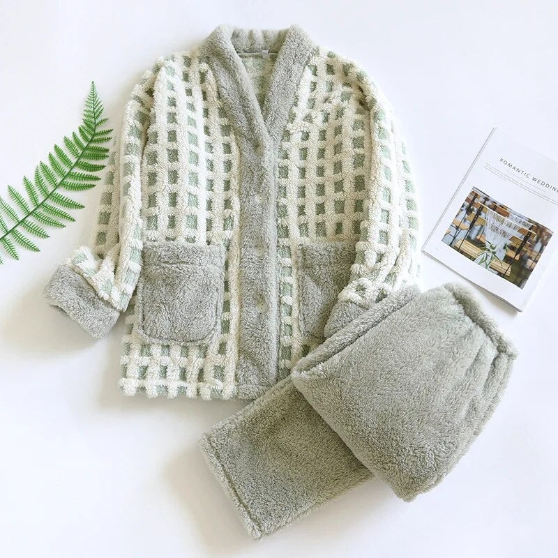 Ensemble pyjama polaire femme vert à carreaux