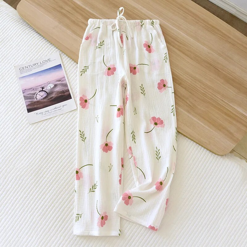 Pantalon pyjama femme blanc motifs fleurs