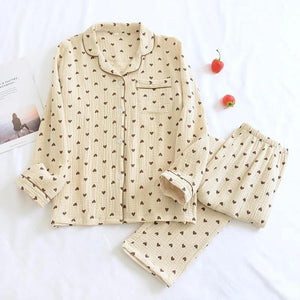 Pyjama coton femme beige motifs coeurs