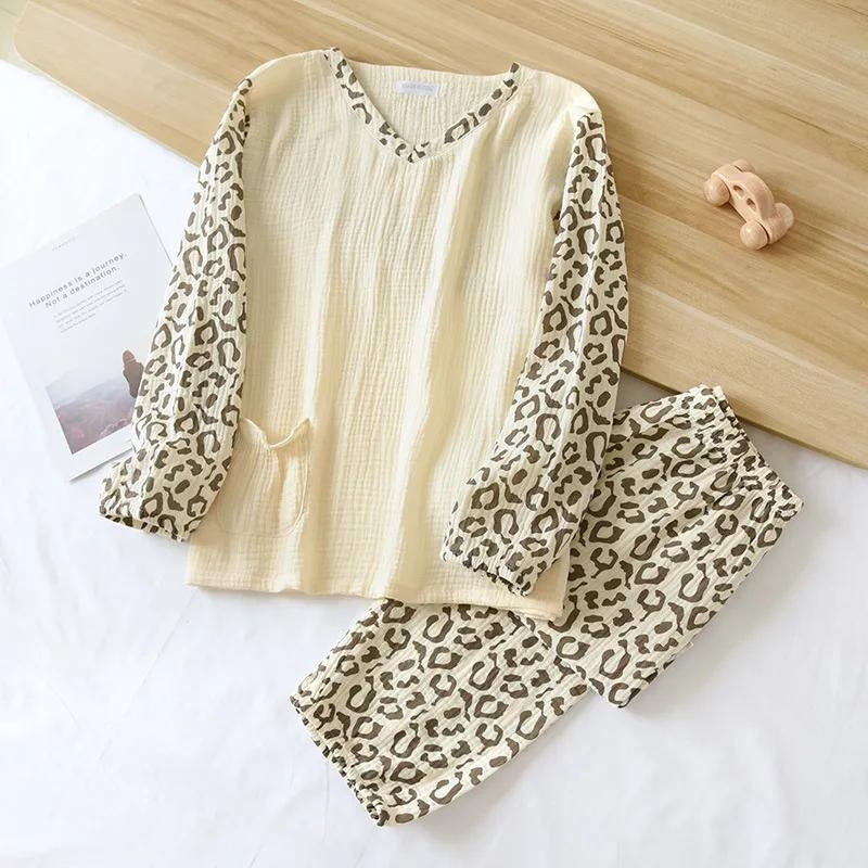 Pyjama coton femme beige style léopard