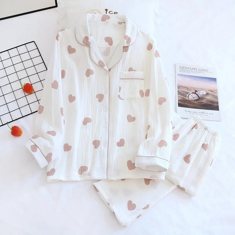 Pyjama coton femme blanc motifs coeurs