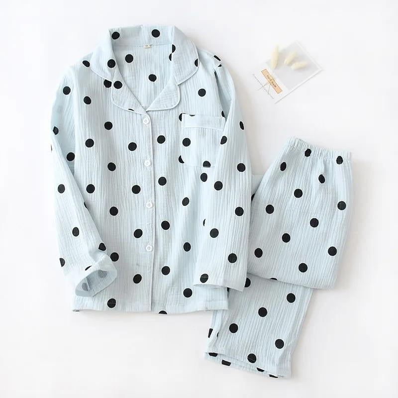 Pyjama coton femme bleu à pois