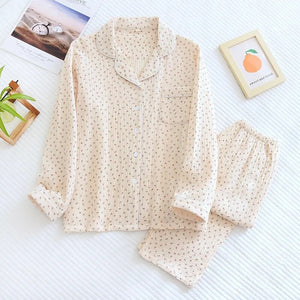 Pyjama coton femme crème à motifs