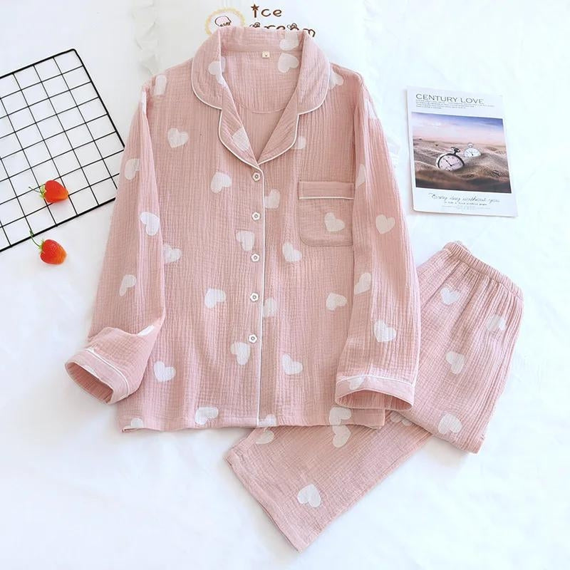 Pyjama coton femme rose motifs coeurs