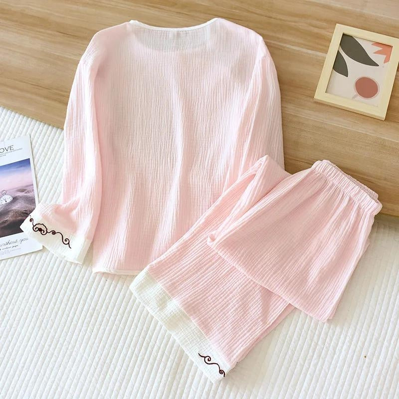 Pyjama en matière coton pour femme de couleur rose style Japonais