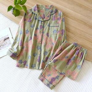 Pyjama coton femme vert à motifs