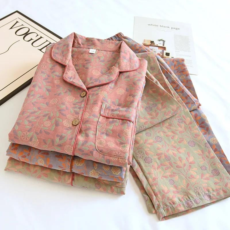 Pyjama coton femme vert fleuri