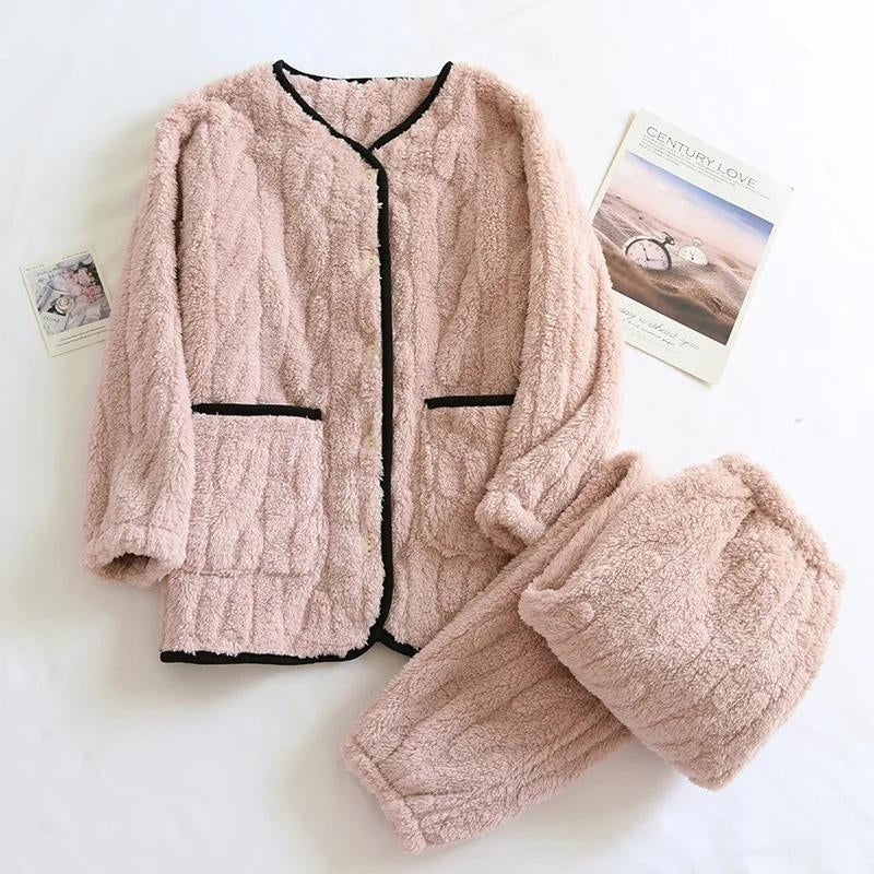 Pyjama femme chaud polaire rose et noir