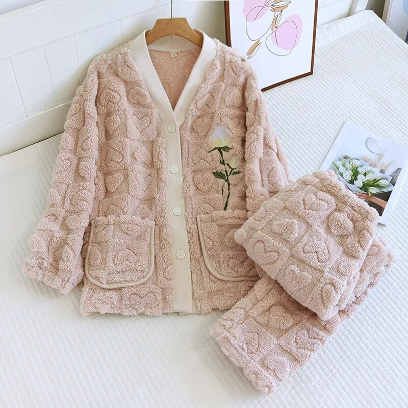 Pyjama femme chaud polaire rose motifs coeurs