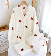 Ensemble pyjama polaire femme blanc motifs fraises
