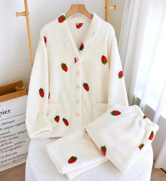 Ensemble pyjama polaire femme blanc motifs fraises