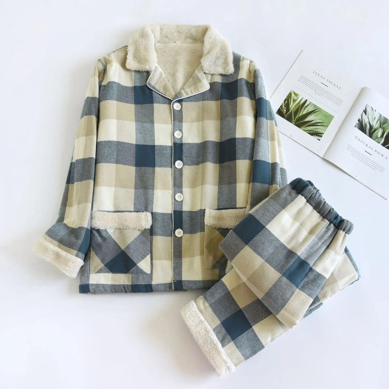 Pyjama polaire homme beige et bleu à carreaux