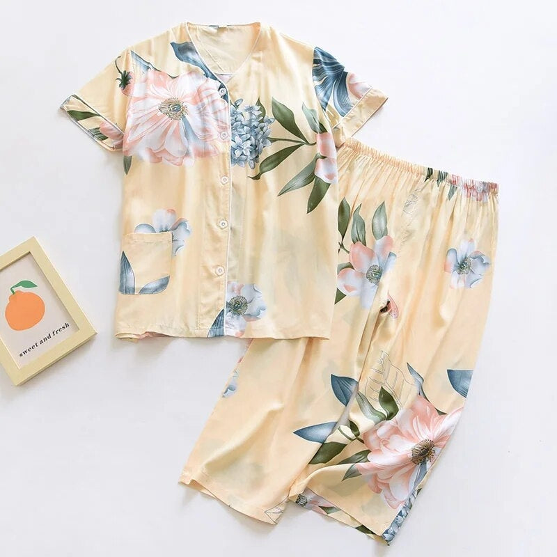 Pyjama satin jaune manches courtes