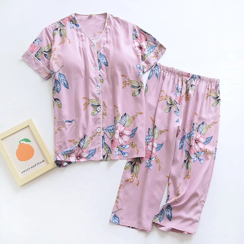 Pyjama satin rose manches courtes