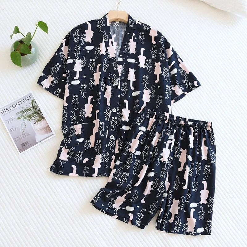 Pyjama short satin bleu marine motifs chats
